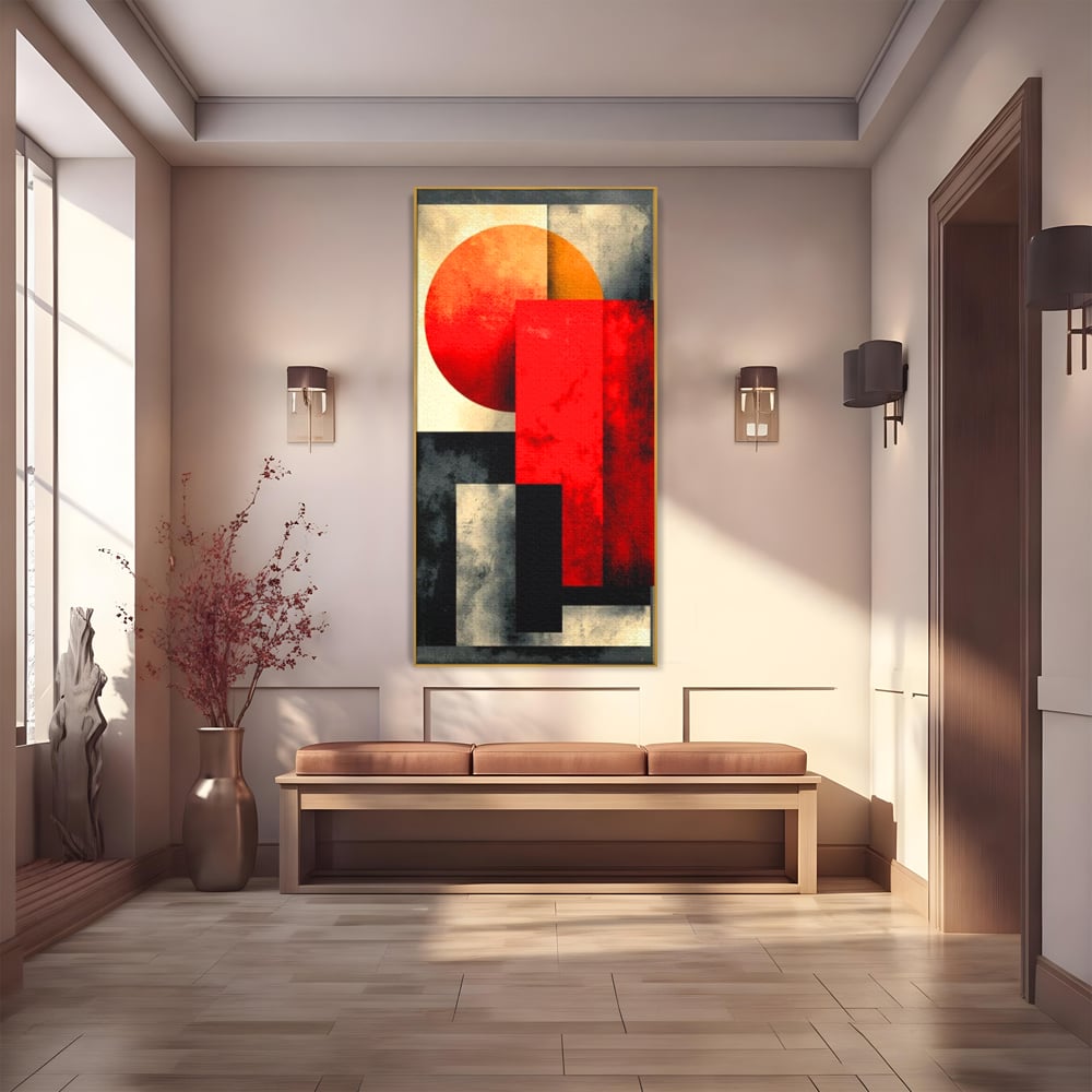 Tablou canvas cu tablou abstract geometric cu soare rosu, in rama de aluminiu auriu